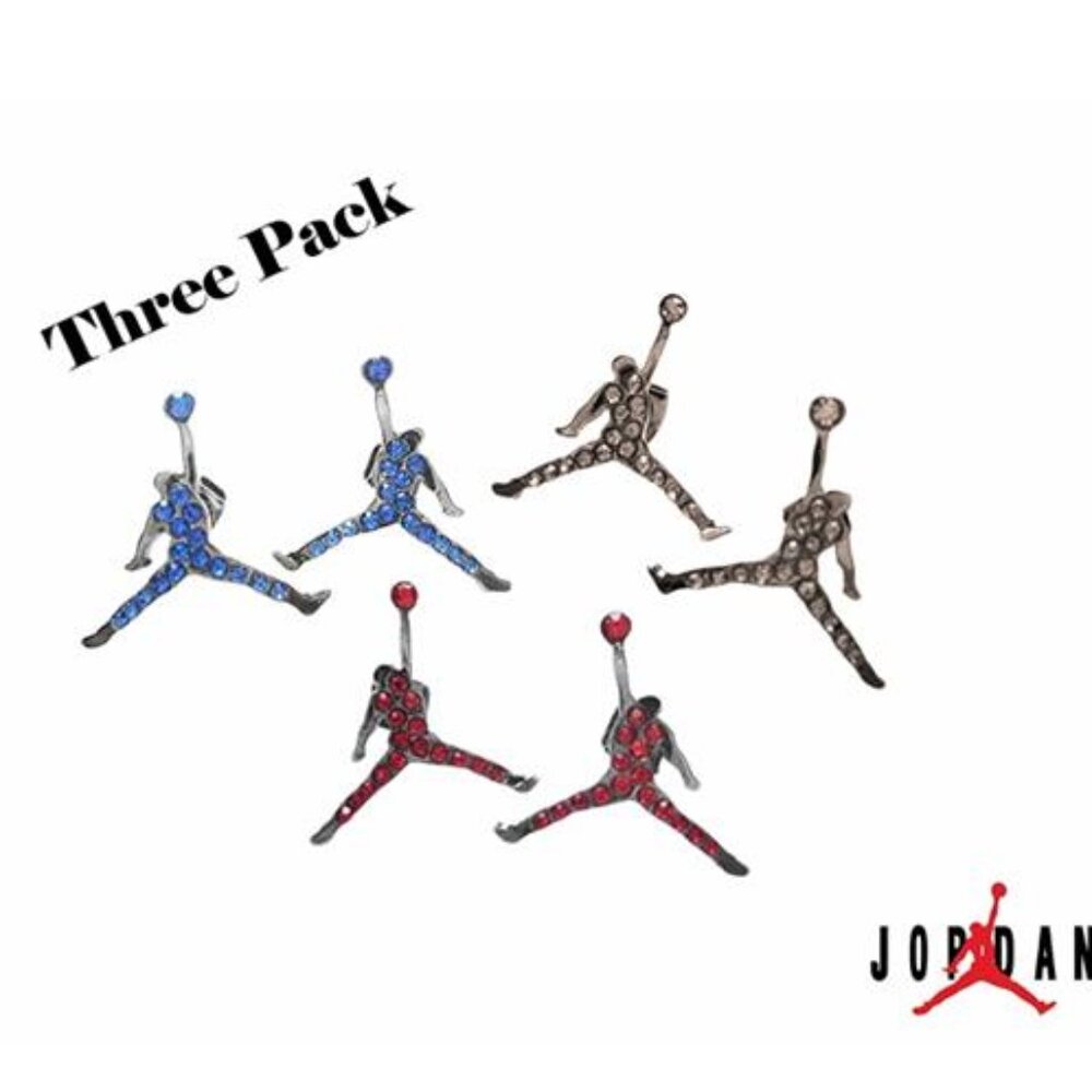 NEW MICHAEL JORDAN SILVER-PLATED PAIRS STUD EARRINGS RED, BLUE,CLEAR CRYSTAL 3PC